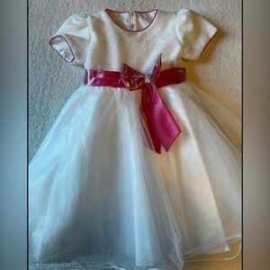 Fancy Christmas/Holidays Dress, frosty white with pink satin bow. Girls Sz 8